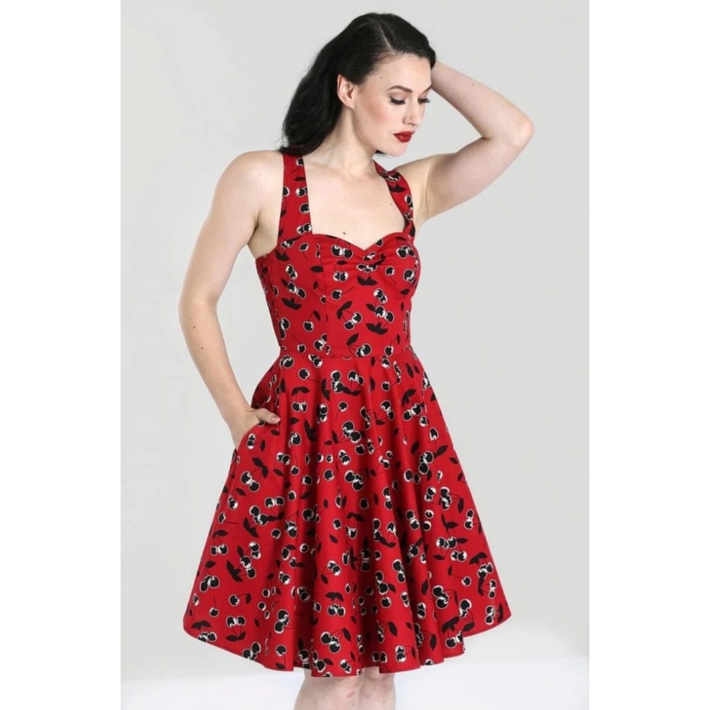 Hell Bunny Dress Medium Red Cherry Print Rockabilly Pinup Fit & Flare Pockets